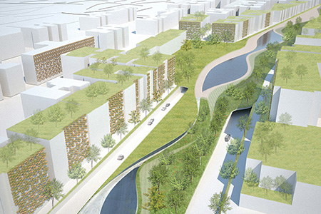 Swell Scape案はグランド・コンコースの軸に溶け込むランドスケープ調の都市計画案。各エリアにより適したプログラムを落とし込み地域活性化を企む。