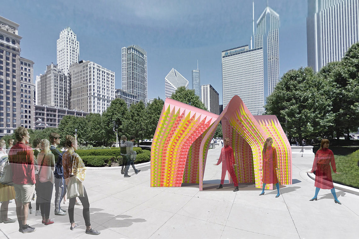 Rockin Pinata 24d-studio proposal is a colorful self-supporting trifolium kiosk situated in Millennium Park, Chicago