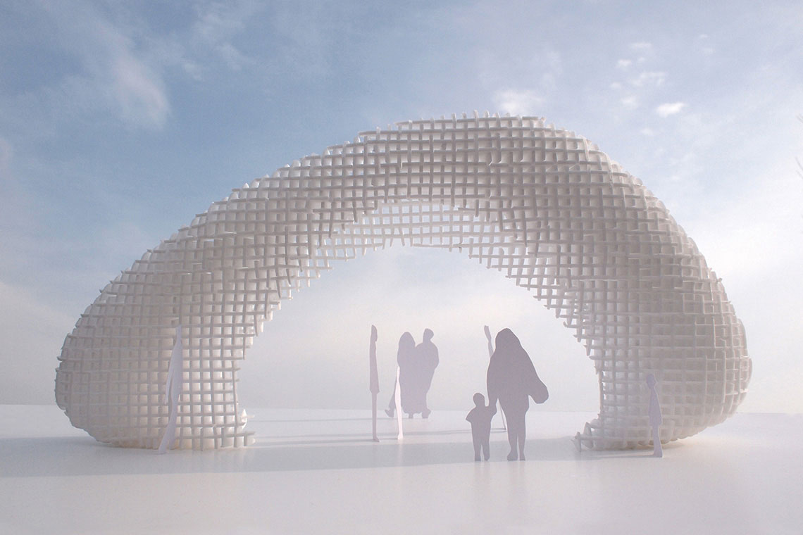 24d-studio designed Clouds Up is a gate proposal for Kobe harbor park; photo of white cloud like gate model with sky background.
