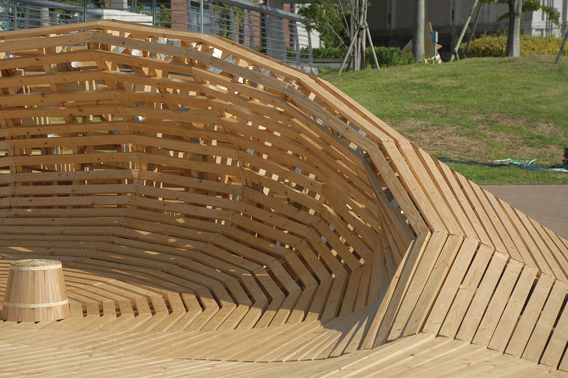24d-studio designed Crater Lake wooden undulating landscape surface zoom-in detail photo