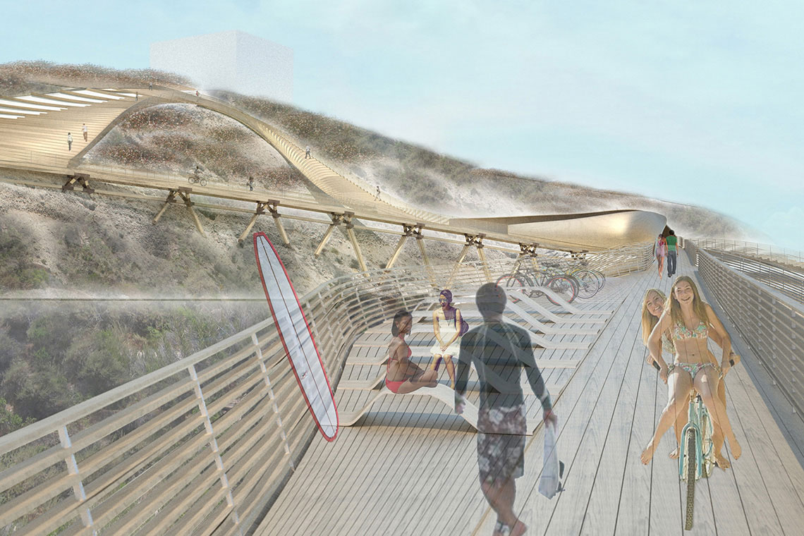 Cut Back Hills proposal rendering showing a rest and bicycle parking area at the elevated wood circulation deck over Trestles wetlands in California.