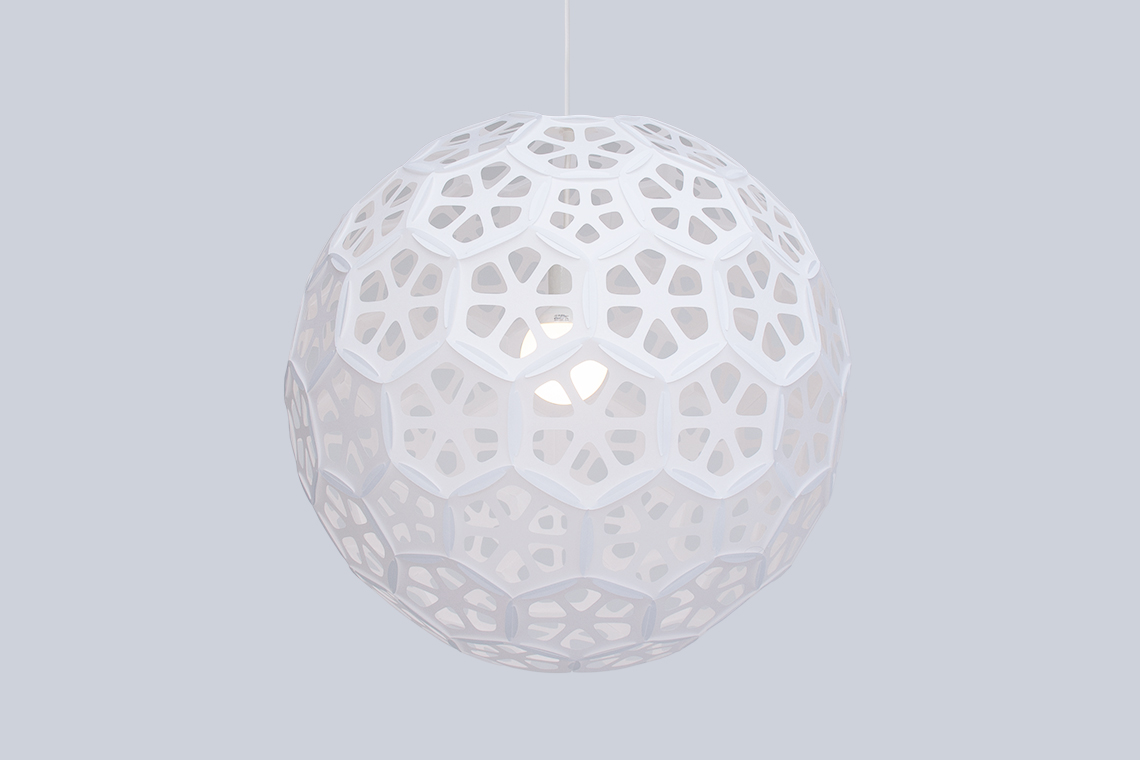 Flower ball ceiling lamp is made with 90 white interlocking panels and made by 24d-studio in Japan.