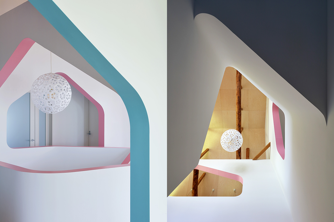 24d-studio residential arches and atrium space as seen from 1st floor with birch plywood and Flower Ball Large Pendant Light 