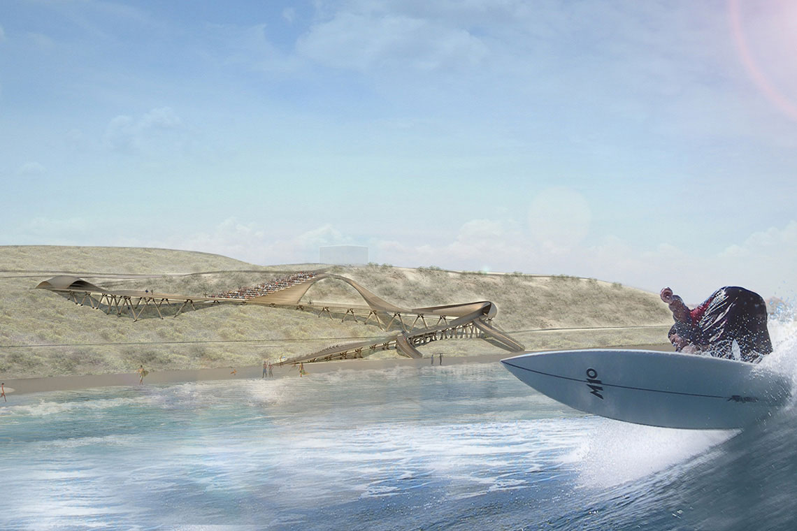 24d-studio design Cut Back Hills is an elevated wood bridge proposal for Trestles protected wetlands seen from the ocean side.
