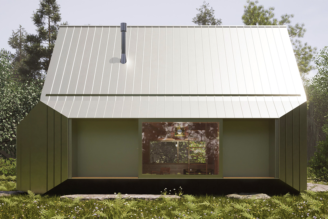 Forest Cabin deck view and living room view in summer time.
