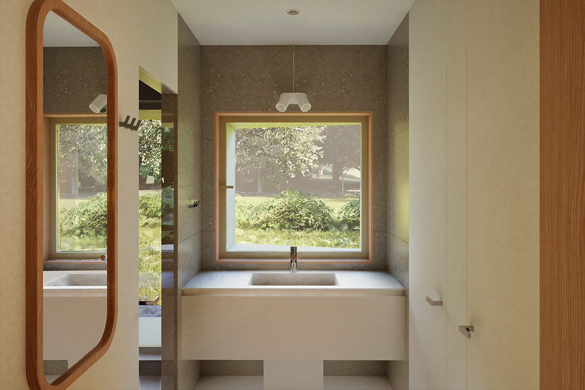 Forest Cabin interior view of the bathroom area with panoramic window and washbasin. 