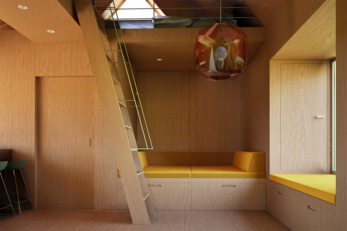 Forest Cabin interior view with oak wall paneling and oak flooring overlooking sofa cube. 
