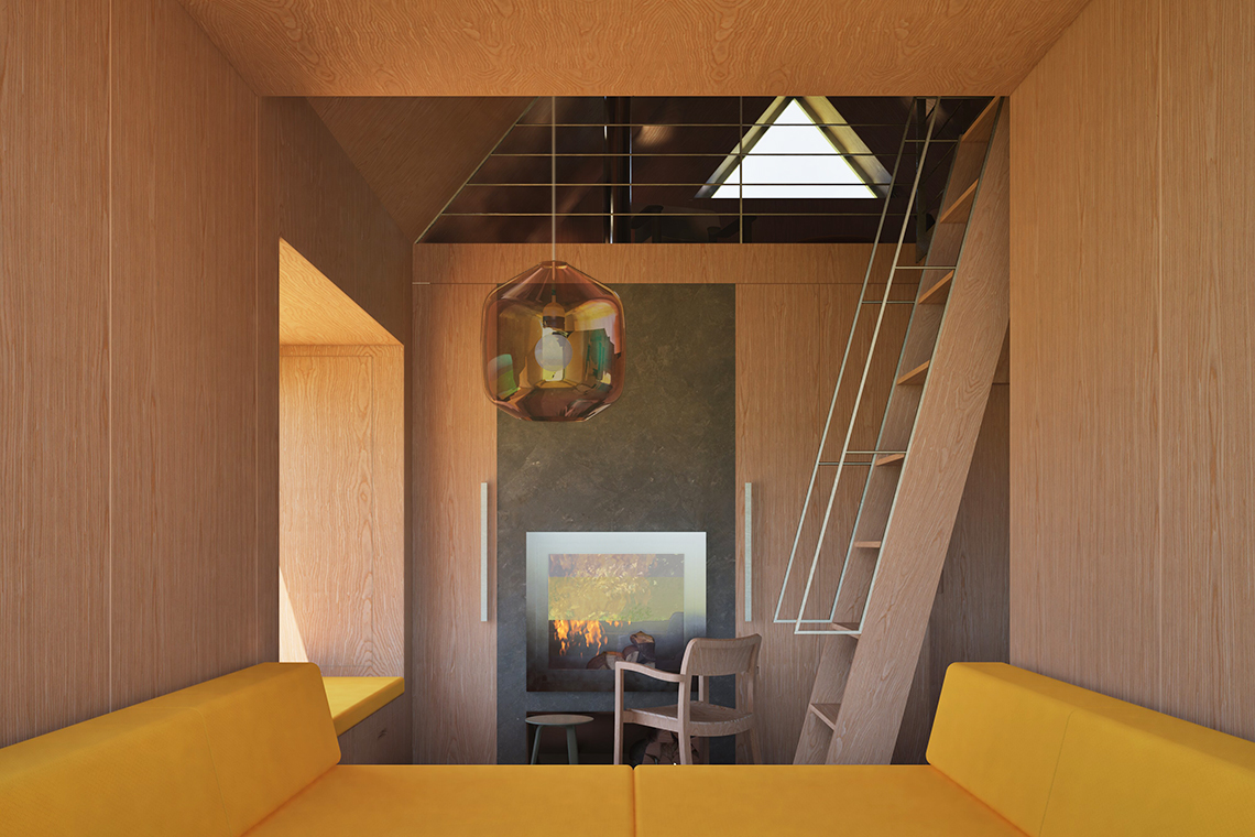 Forest Cabin interior view with oak wall paneling and oak flooring overlooking living space fireplace. 