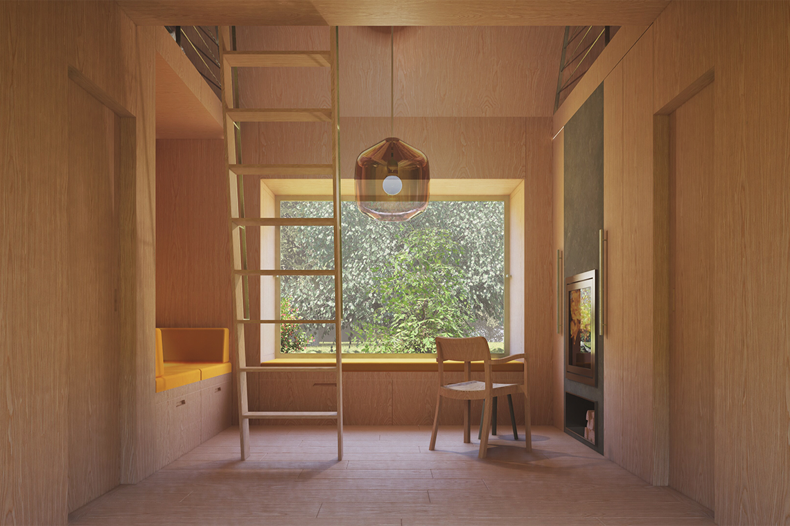 Forest Cabin interior view with oak wall paneling and oak flooring overlooking panoramic window seat. 