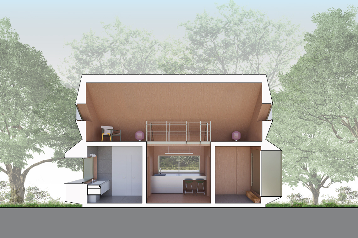 Longitudinal section 1 cut through the Forest Cabin overlooking kitchen area, bathroom and entry with the second floor loft space. 