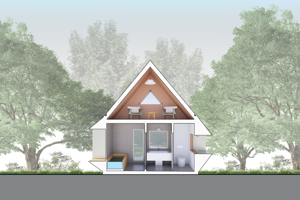 Tranverse section 2 cut through the Forest Cabin overlooking bathroom, toilet and second floor loft space. 