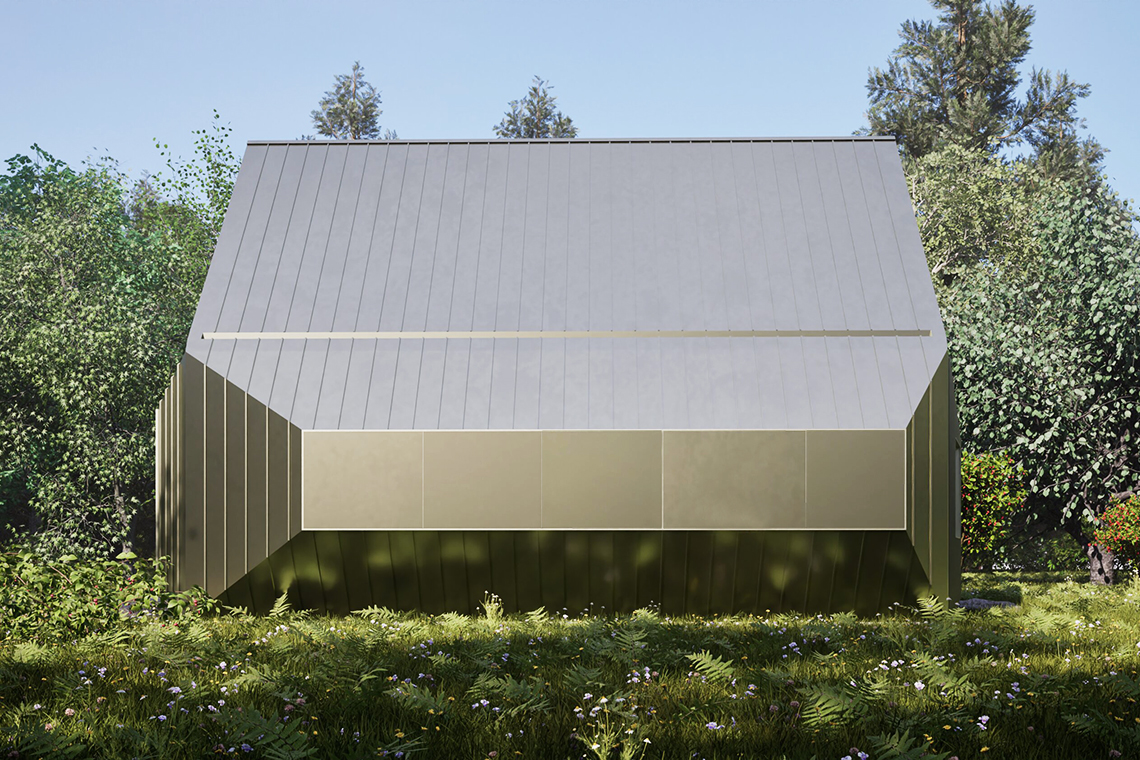 Forest Cabin view with closed shutters in summer placed in Toyooka forest of Japan.