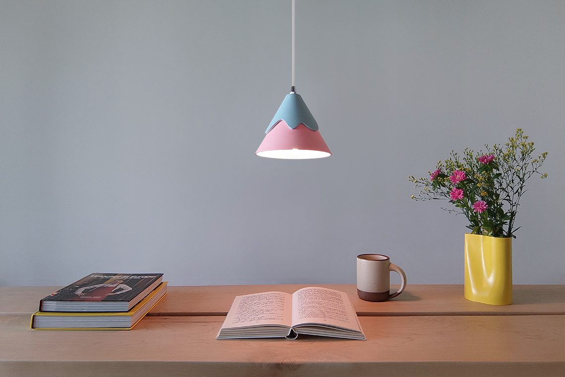 Rei Pendant lamp in light blue and soft pink creates a serene environment with a soft touch of colors designed and made by 24d-studio.