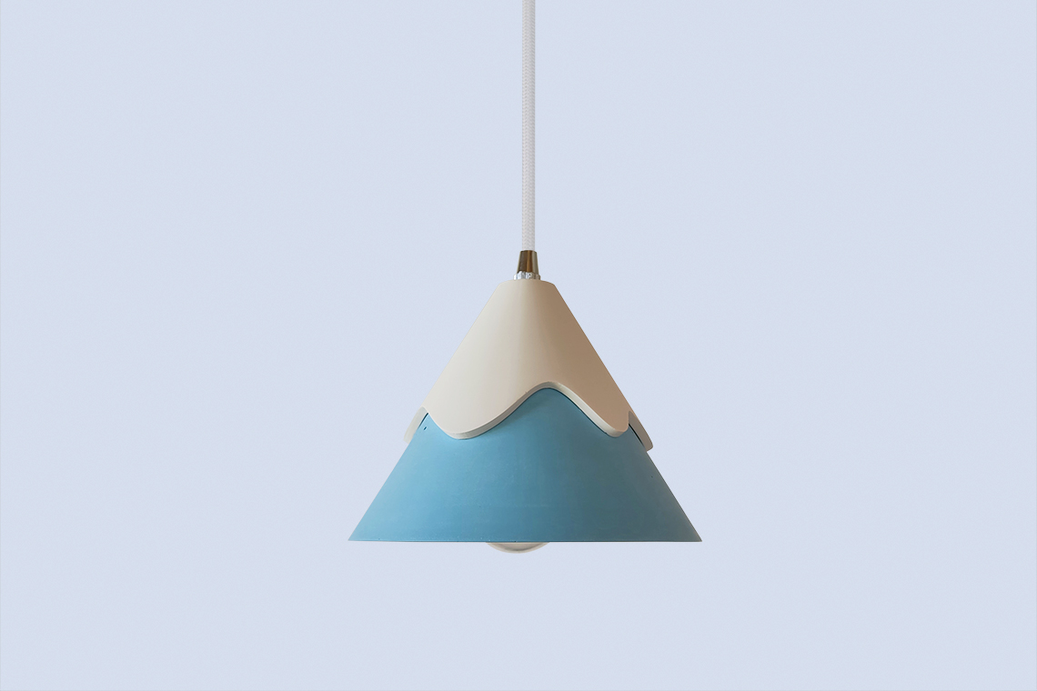 White and blue conical pendant lamp inspired by winter mountanscapes designed and made by 24d-studio in Japan.